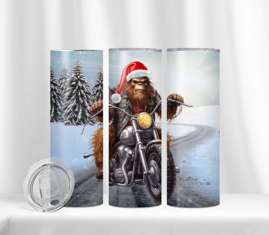 Holiday Adventure: 20 oz Tumbler - Bigfoot Santa Riding Motorcycle