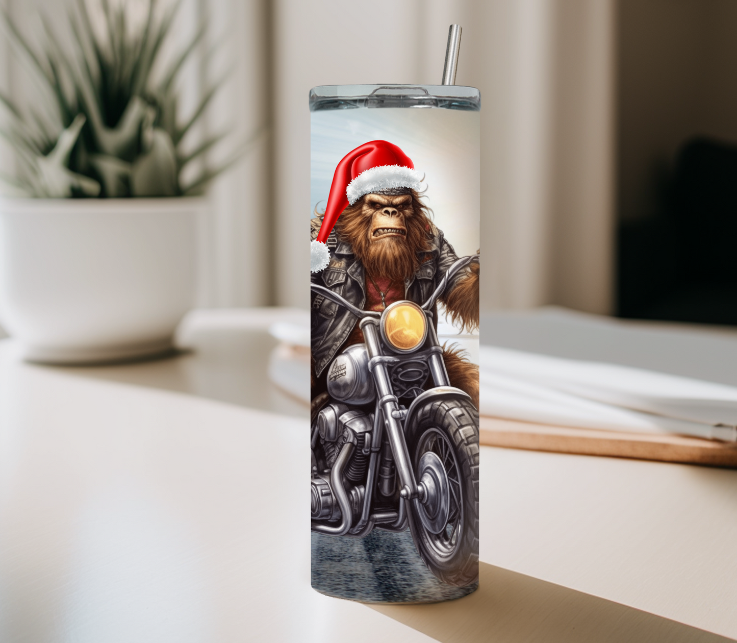 Holiday Adventure: 20 oz Tumbler - Bigfoot Santa Riding Motorcycle