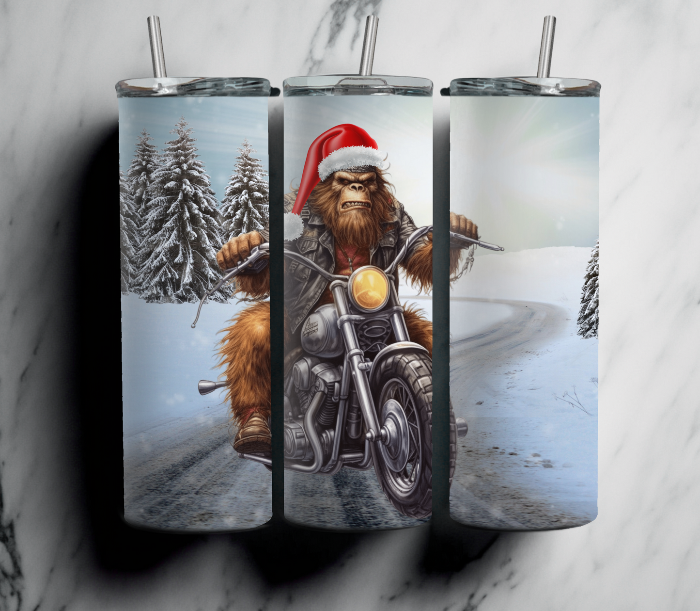 Holiday Adventure: 20 oz Tumbler - Bigfoot Santa Riding Motorcycle