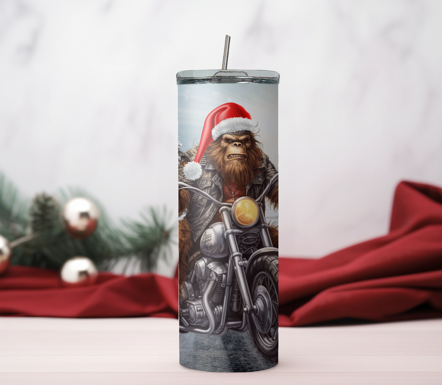 Holiday Adventure: 20 oz Tumbler - Bigfoot Santa Riding Motorcycle